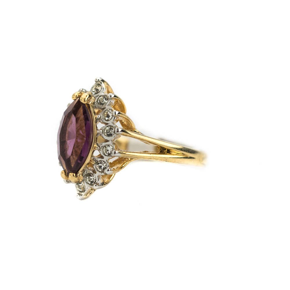 Vintage Ring Amethyst and Clear Swarovski Crystals 18k Gold Plated February Birthstone #R1891 - Limited Stock - Never Worn