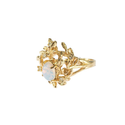 Vintage Ring Flower Petals Ring with Jelly Opal and Clear Crystals 18k Gold Antique Womans Jewelry R245 - Limited Stock - Never Worn