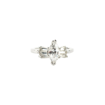 Vintage Ring 1980s 18k White Gold Silver Plated Marquis Shaped Cubic Zirconia Engagement Style Ring #R3078 - Limited Stock - Never Worn