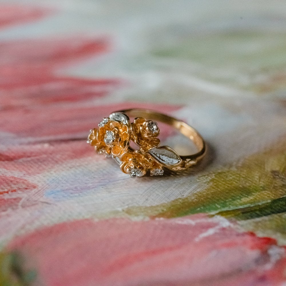 Vintage Ring 1980's Flower Swarovski Crystals 18k Gold Antique Womans Jewelry Rings Handmade Size R1922