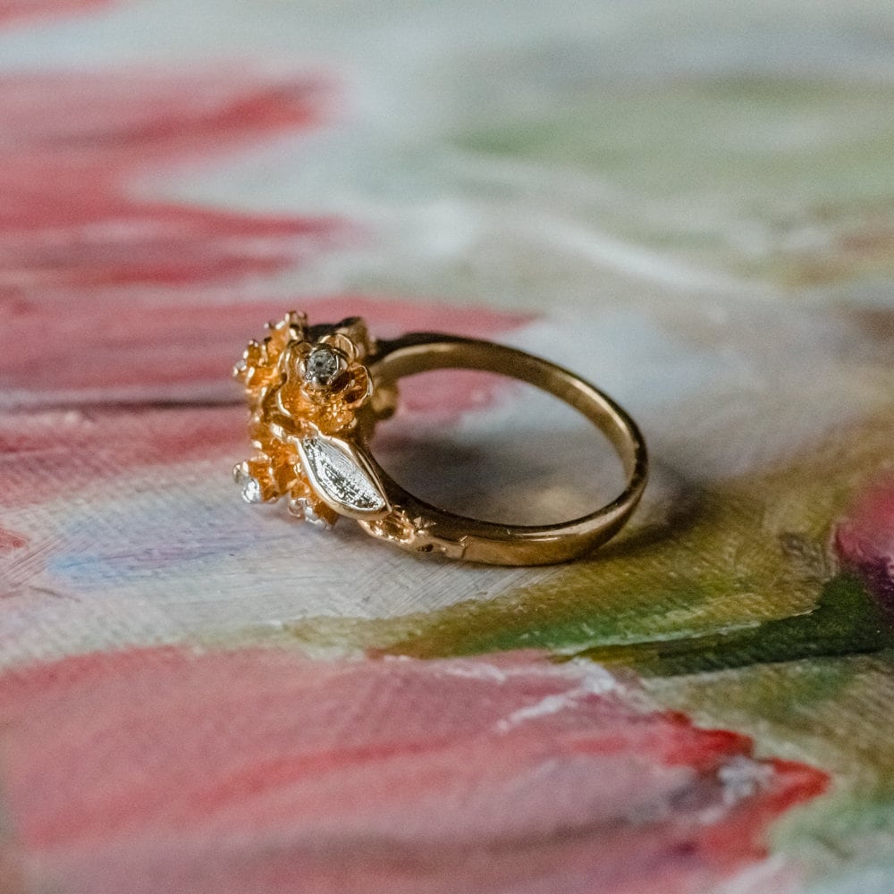 Vintage Ring 1980's Flower Swarovski Crystals 18k Gold Antique Womans Jewelry Rings Handmade Size R1922 - Limited Stock - Never Worn