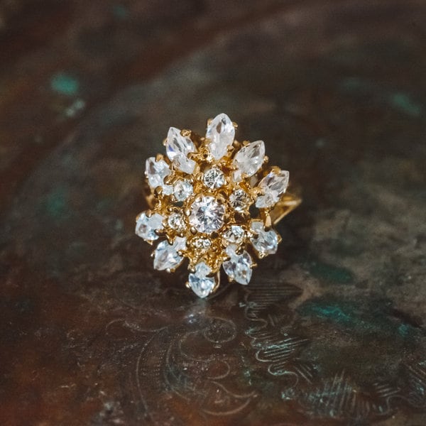 Vintage Ring Cubic Zirconia Center Stone with Clear Swarovski Crystals 18k Gold Electrplated Ring Antique Woman #R297