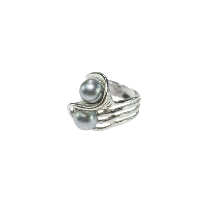 Vintage Ring 1970's Gray Glass Pearl Ring 18k White Gold Silver  R3033 - Limited Stock - Never Worn