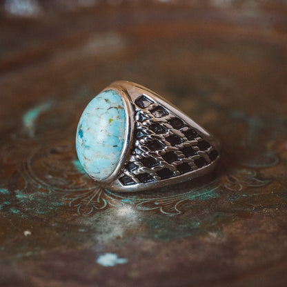Vintage Ring 1980s Mens Ring Turquoise Bead Antique 18k White Gold Silver Ring Womans Jewelry #R1052 - Limited Stock - Never Worn