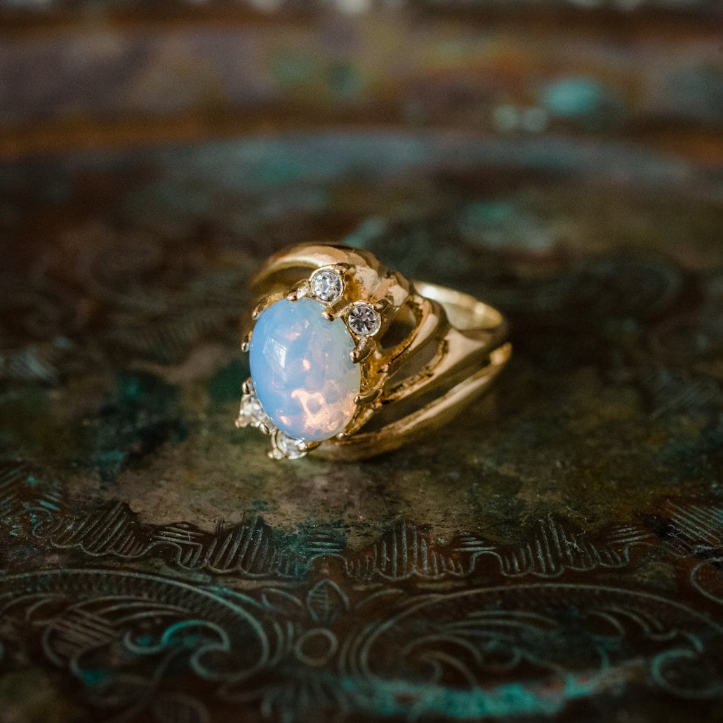 Vintage Ring Pinfire Opal Ring with Clear Swarovski Crystals 18k Gold Antique Womans Jewlery Handmade #R1143 - Limited Stock - Never Worn