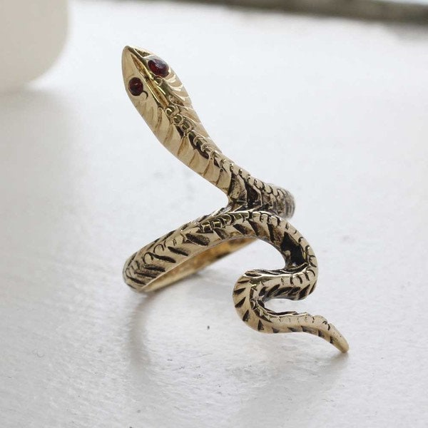 Vintage Snake Ring with Ruby Austrian Crystal Eyes – 18k Yellow Gold Electroplated – Made in USA jewelry image 1