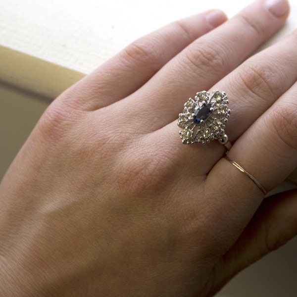 Vintage Ring Sapphire and Clear Swarovski Crystal Cocktail Ring 18k White Gold Silver  R250 - Limited Stock - Never Worn