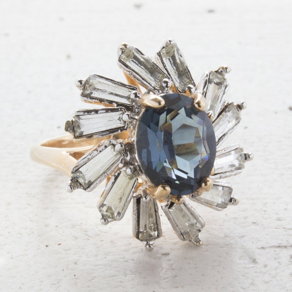 Vintage Ring Sapphire and Clear Swarovski Crystal Cocktail Ring 18k Gold Made in the USA R1972 - Limited Stock - Never Worn
