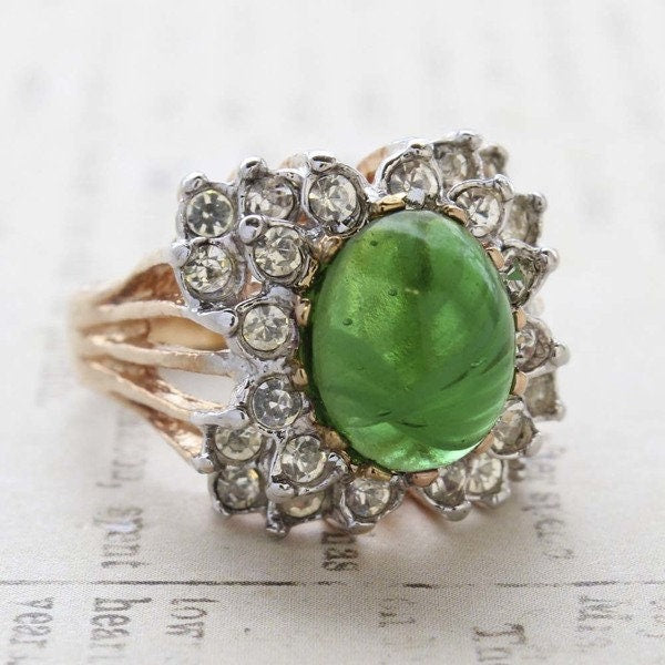Vintage Ring Emerald Cabochon and Clear Swarovski Crystal Cocktail Ring 18k Gold Made in the USA R199 - Limited Stock - Never Worn