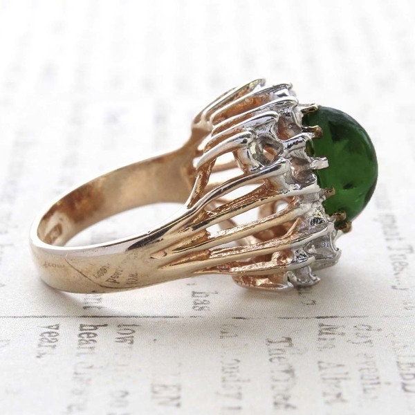Vintage Ring Emerald Cabochon and Clear Swarovski Crystal Cocktail Ring 18k Gold Made in the USA R199 - Limited Stock - Never Worn