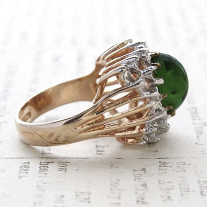 Vintage Ring Emerald Cabochon and Clear Swarovski Crystal Cocktail Ring 18k Gold Made in the USA R199 - Limited Stock - Never Worn