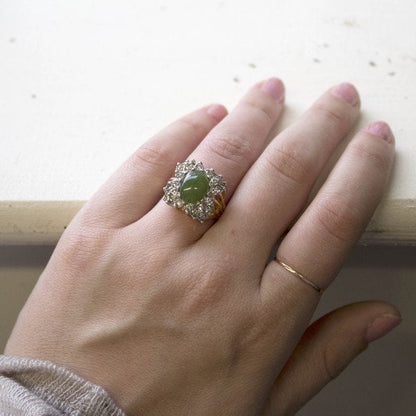 Vintage Ring Genuine Jade Cabochon Stone and Clear Swarovski Crystal Cocktail Ring 18k Gold Antique Womans R199 - Limited Stock - Never Worn