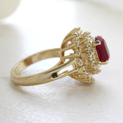 Vintage Ring Ruby and Clear Swarovski Crystal Cocktail Ring 18k Gold Antique Womans Jewelry R1352 - Limited Stock - Never Worn
