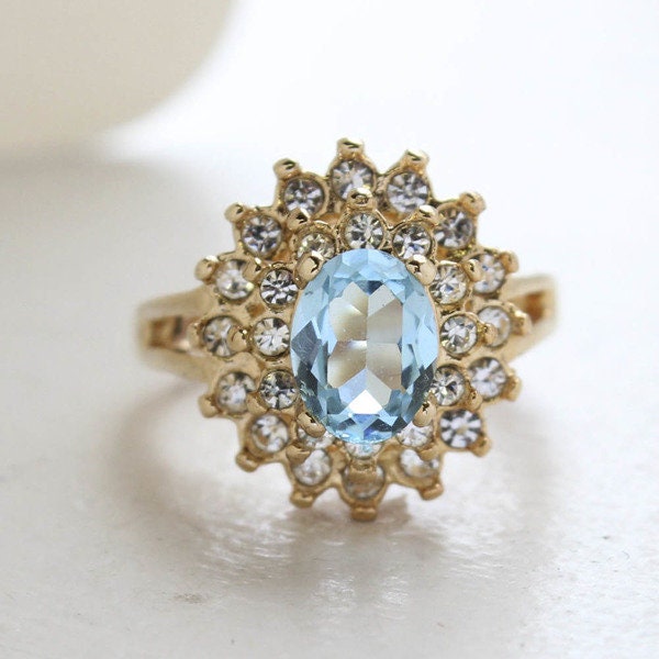 Vintage Aquamarine and Clear Austrian Crystal Halo Ring in 18kt Yellow Gold Electroplate jewelry image 1