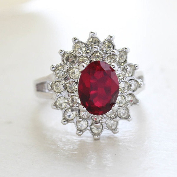 Vintage Ruby and Clear Austrian Crystal Cocktail Ring - 18kt White Gold Electroplated jewelry image 1