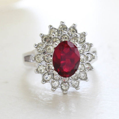 Vintage Ruby and Clear Austrian Crystal Cocktail Ring - 18kt White Gold Electroplated jewelry image 1