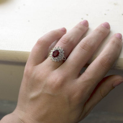 Vintage Ring Ruby and Clear Swarovski Crystal Cocktail Ring 18k White Gold Silver Made in the USA R1352 - Limited Stock - Never Worn