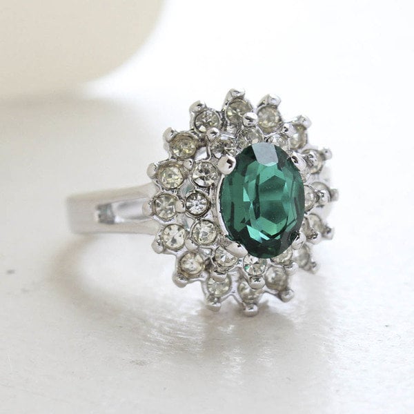 Vintage Ring Emerald and Clear Swarovski Crystal Cocktail Ring 18k White Gold Silver Made in the USA R1352 - Limited Stock - Never Worn