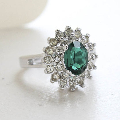 Vintage Ring Emerald and Clear Swarovski Crystal Cocktail Ring 18k White Gold Silver Made in the USA R1352 - Limited Stock - Never Worn