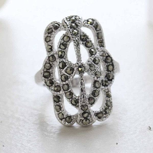 Vintage Ring Genuine Marcasite Cocktail Ring 18k White Gold Silver Antique Jewelry for Women R1861 - Limited Stock - Never Worn
