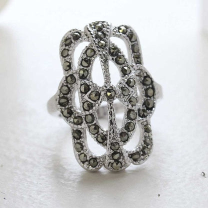 Vintage Ring Genuine Marcasite Cocktail Ring 18k White Gold Silver Antique Jewelry for Women R1861 - Limited Stock - Never Worn