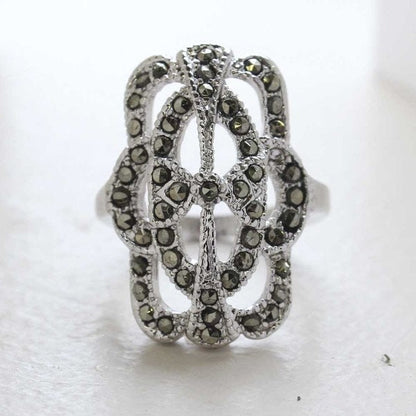 Vintage Ring Genuine Marcasite Cocktail Ring 18k White Gold Silver Antique Jewelry for Women R1861 - Limited Stock - Never Worn