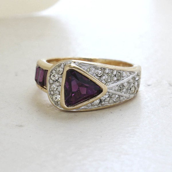 Vintage Amethyst and Clear Crystal Pavé Ring - 18kt HGE Gold Electroplated - Made in USA jewelry image 1