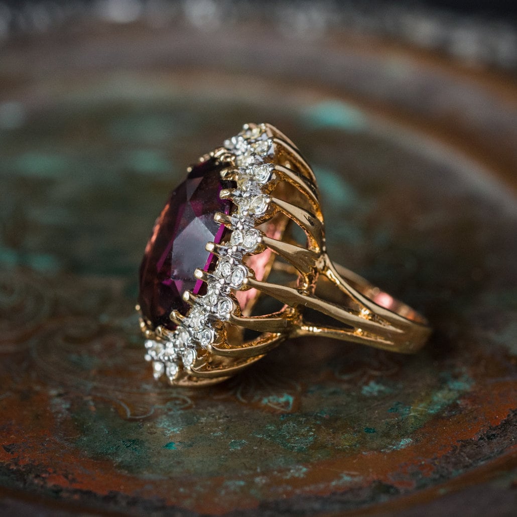 Vintage Ring Amethyst and Clear Swarovski Crystal Cocktail Ring 18k Gold  #R618 - Limited Stock - Never Worn