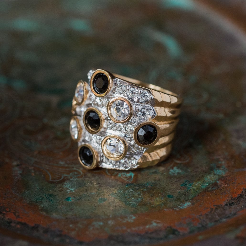Vintage Ring Pave Black and Clear Swarovski Crystal Ring 18k Gold  R3111 - Limited Stock - Never Worn