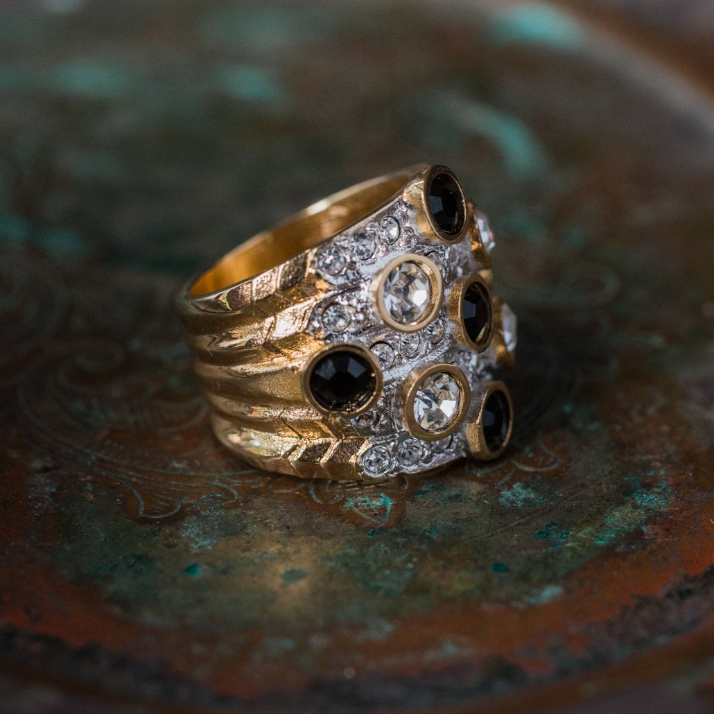 Vintage Ring Pave Black and Clear Swarovski Crystal Ring 18k Gold  R3111 - Limited Stock - Never Worn