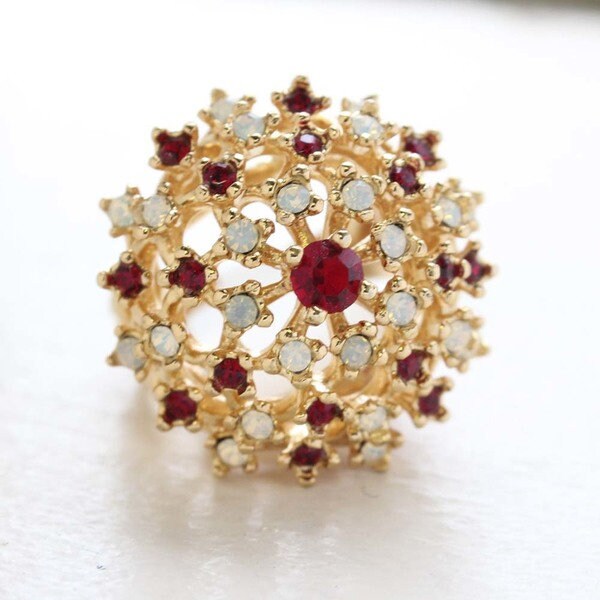 Vintage Ruby Austrian Crystal and Pinfire Opal Burst Cocktail Ring – 18kt Yellow Gold Electroplated jewelry image 1