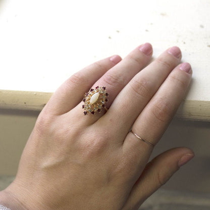 Vintage Ring Genuine Opal Surrounded by Clear & Ruby Swarovski Crystal Cocktail Ring 18k Gold  R221 - Limited Stock - Never Worn