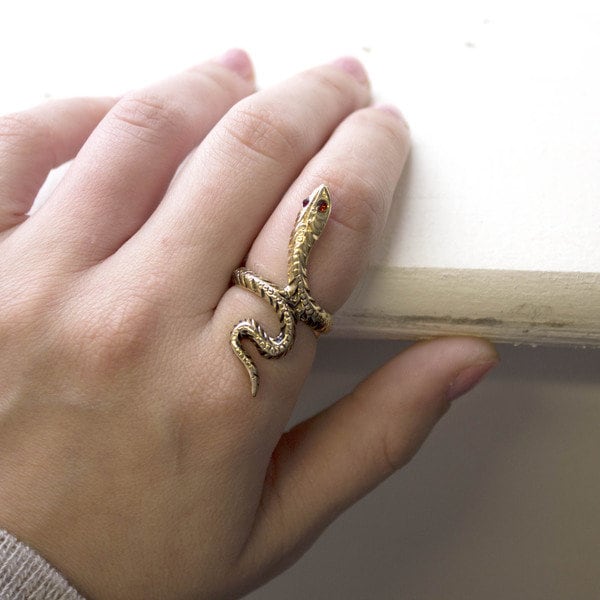 Real Vintage Ring Snake Ring Ruby Swarovski Crystal Eyes Antique 18k Gold Jewelry For Women NEVER WORN R2774