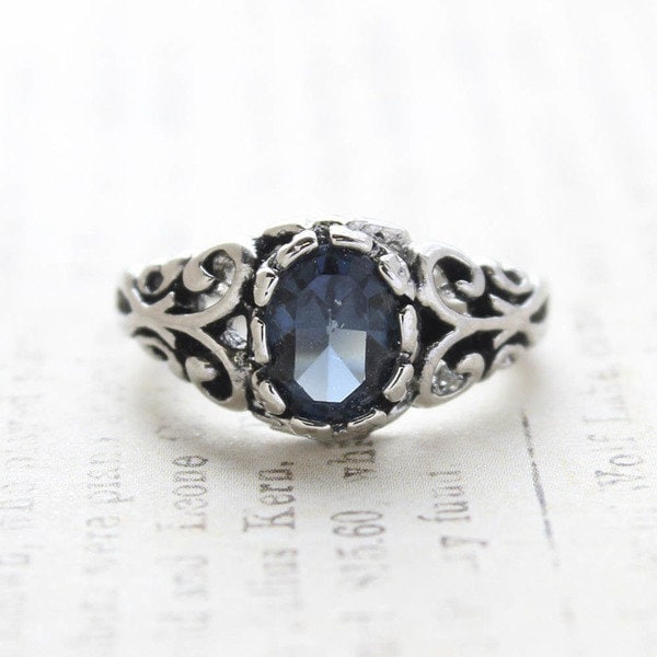 Vintage Sapphire Austrian Crystal Ring – 18k White Gold Electroplated Filigree Setting, Made in USA jewelry image 1