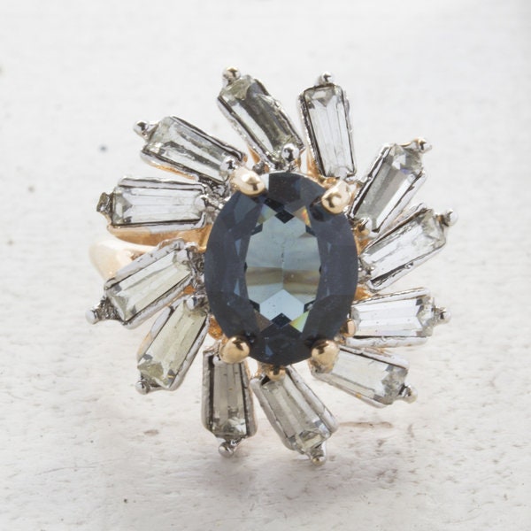 Vintage Ring Sapphire and Clear Swarovski Crystal Cocktail Ring 18k Gold Made in the USA R1972 - Limited Stock - Never Worn