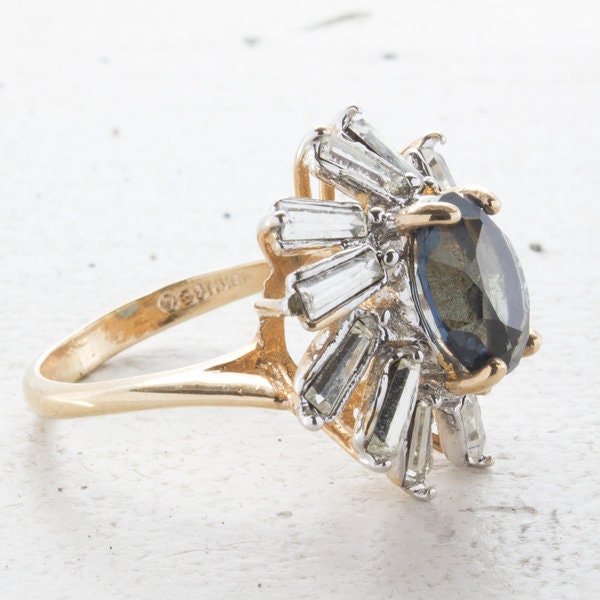 Vintage Ring Sapphire and Clear Swarovski Crystal Cocktail Ring 18k Gold Made in the USA R1972 - Limited Stock - Never Worn