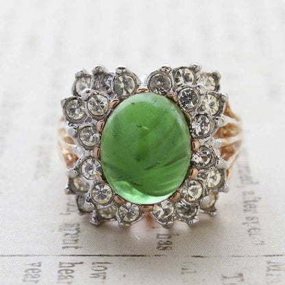 Vintage Ring Emerald Cabochon and Clear Swarovski Crystal Cocktail Ring 18k Gold Made in the USA R199 - Limited Stock - Never Worn