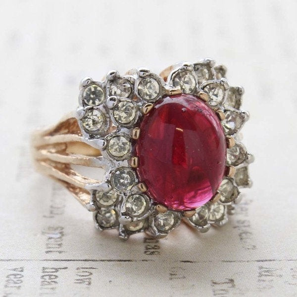 Vintage Ruby Crystal Cabochon Cocktail Ring with Clear Austrian Crystals – 18kt Yellow Gold Electroplate jewelry image 1