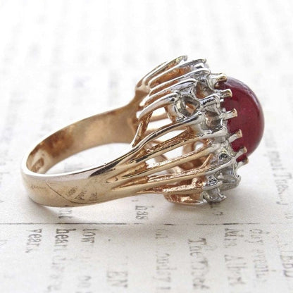 Vintage Ring Ruby Cabochon and Clear Swarovski Crystal Cocktail Ring 18k Gold Antique Womans Jewelry R199 - Limited Stock - Never Worn