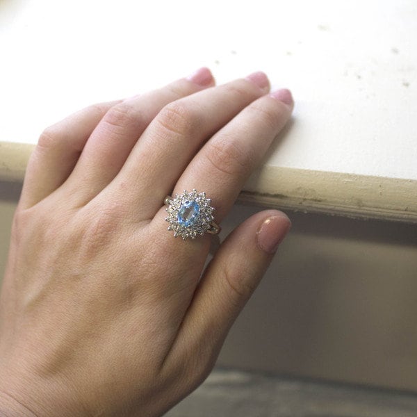 Vintage Ring Aquamarine and Clear Swarovski Crystal Cocktail Ring 18k White Gold R1352 Antique Womans Jewelry - Limited Stock - Never Worn