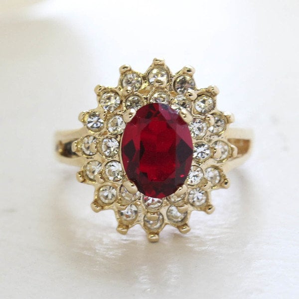 Vintage Ring Ruby and Clear Swarovski Crystal Cocktail Ring 18k Gold Antique Womans Jewelry R1352 - Limited Stock - Never Worn