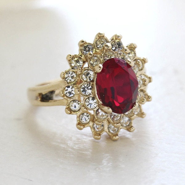 Vintage Ring Ruby and Clear Swarovski Crystal Cocktail Ring 18k Gold Antique Womans Jewelry R1352 - Limited Stock - Never Worn