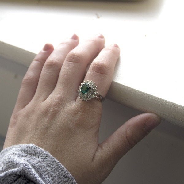 Vintage Ring Emerald and Clear Swarovski Crystal Cocktail Ring 18k White Gold Silver Made in the USA R1352 - Limited Stock - Never Worn