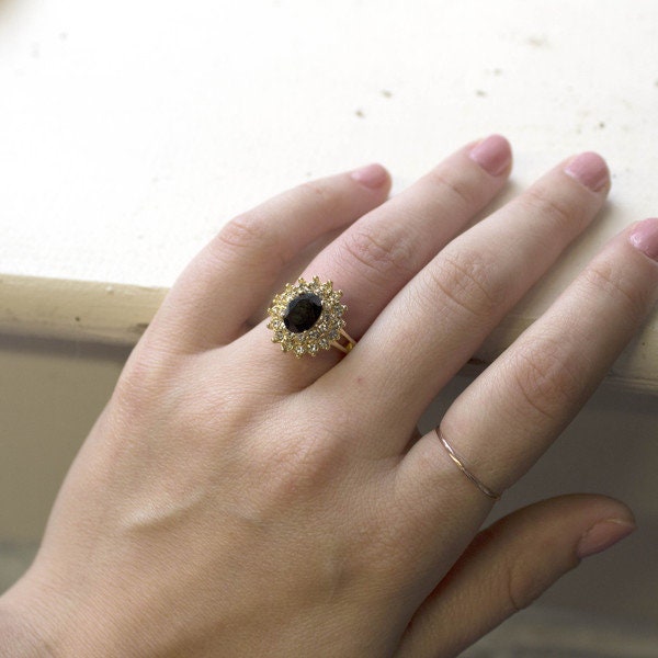 Vintage Ring Black and Clear Swarovski Crystal Cocktail Ring 18k Gold Made in the USA R1352 - Limited Stock - Never Worn