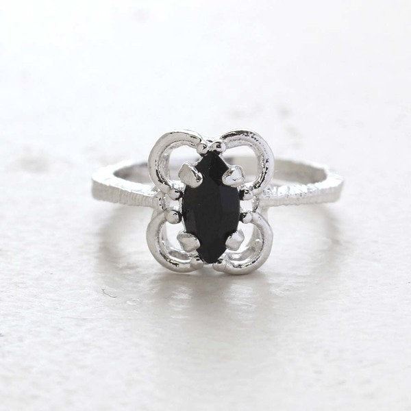 Vintage Marquise Cut Jet Black Austrian Crystal Cocktail Ring in 18k White Gold Electroplate jewelry image 1
