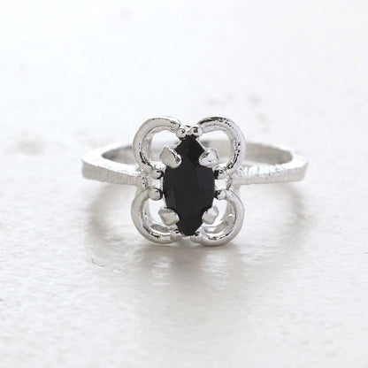 Vintage Marquise Cut Jet Black Austrian Crystal Cocktail Ring in 18k White Gold Electroplate jewelry image 1