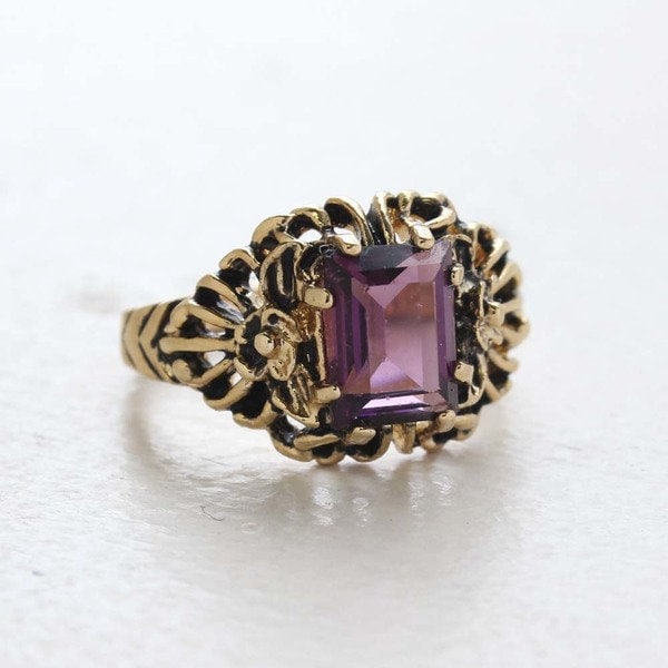Vintage Ring Emerald Cut Amethyst Swarovski Crystal Filigree Ring Antique 18k Gold  R1368 - Limited Stock - Never Worn