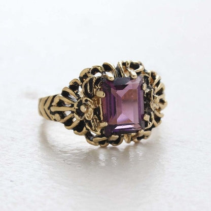 Vintage Ring Emerald Cut Amethyst Swarovski Crystal Filigree Ring Antique 18k Gold  R1368 - Limited Stock - Never Worn