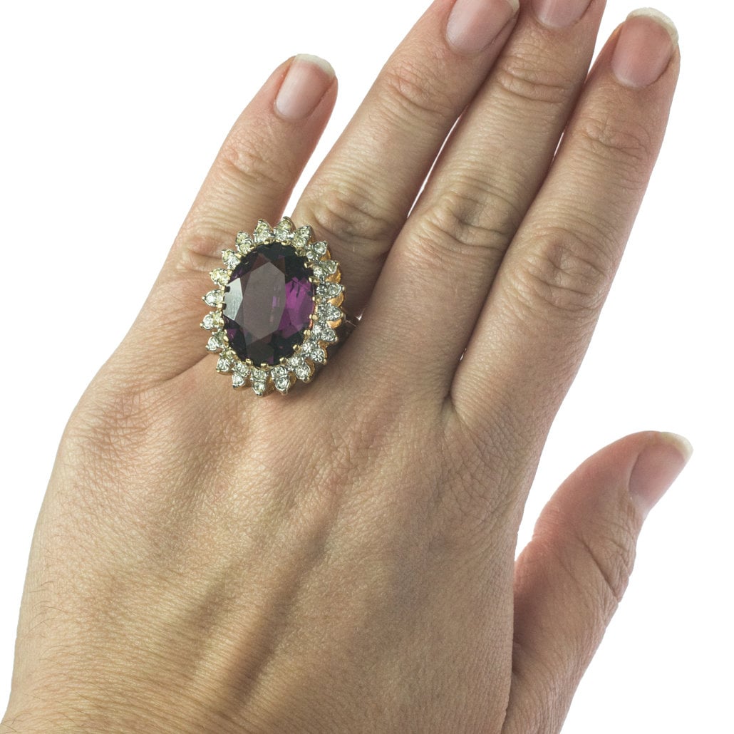 Vintage Ring Amethyst and Clear Swarovski Crystal Cocktail Ring 18k Gold  #R618 - Limited Stock - Never Worn