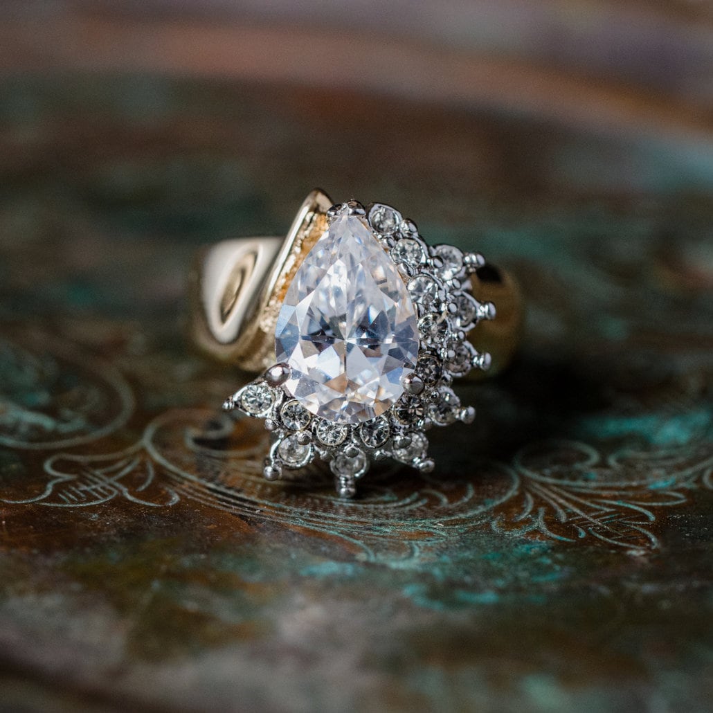 Vintage 1980s Clear Pear-Cut Cubic Zirconia and Austrian Crystal Two-Tone Ring - 18kt Yellow Gold Electroplated jewelry image 1
